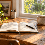 An open notebook and pen on a sunlit desk, with a phone set aside.