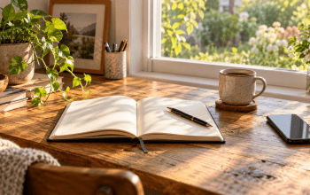 An open notebook and pen on a sunlit desk, with a phone set aside.