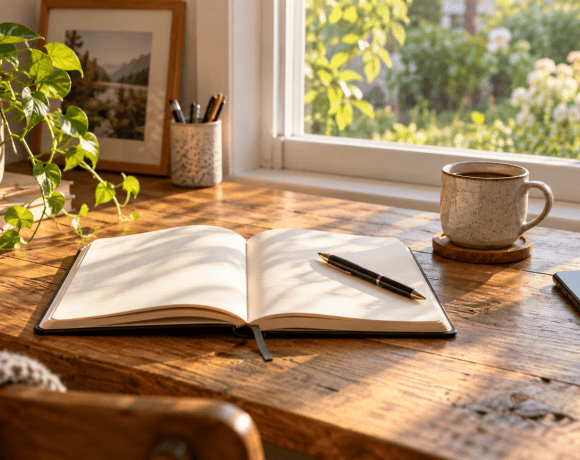 An open notebook and pen on a sunlit desk, with a phone set aside.