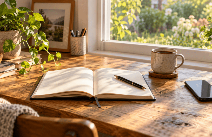 An open notebook and pen on a sunlit desk, with a phone set aside.