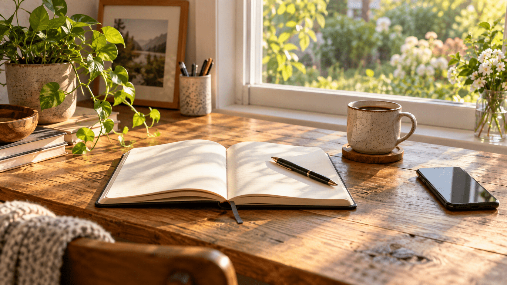 An open notebook and pen on a sunlit desk, with a phone set aside.