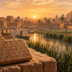 Artist’s illustration of a Sumerian mudbrick city, irrigation canal, and clay tablet at dawn.