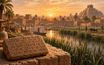 Artist’s illustration of a Sumerian mudbrick city, irrigation canal, and clay tablet at dawn.