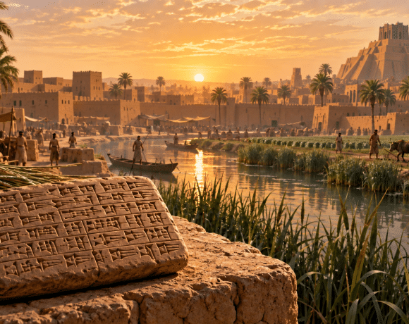 Artist’s illustration of a Sumerian mudbrick city, irrigation canal, and clay tablet at dawn.