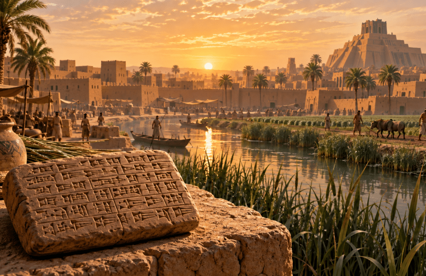Artist’s illustration of a Sumerian mudbrick city, irrigation canal, and clay tablet at dawn.