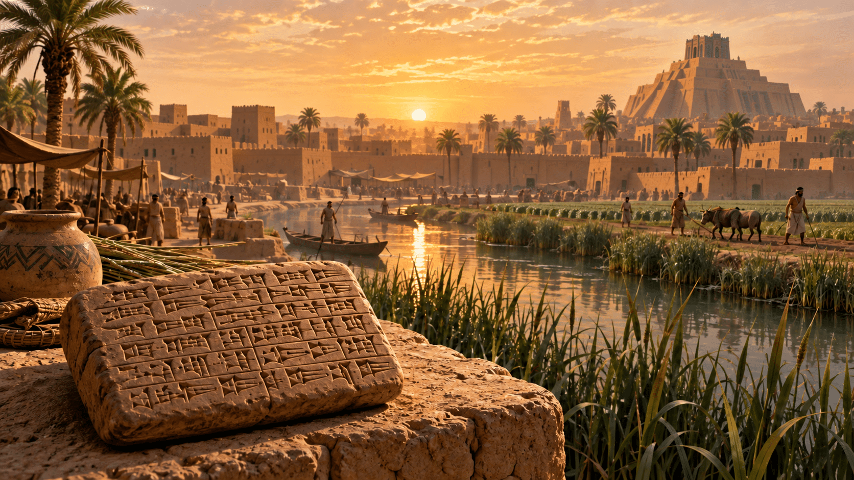 Artist’s illustration of a Sumerian mudbrick city, irrigation canal, and clay tablet at dawn.
