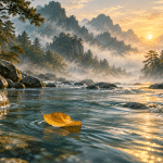 A golden leaf floating along a calm river between misty mountains
