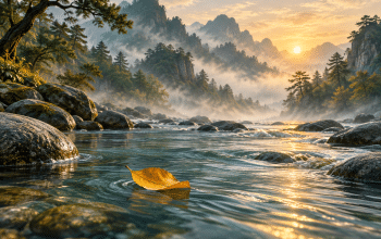 A golden leaf floating along a calm river between misty mountains