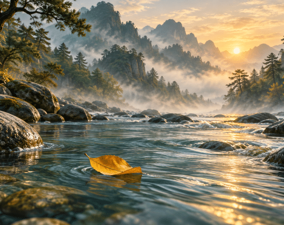 A golden leaf floating along a calm river between misty mountains