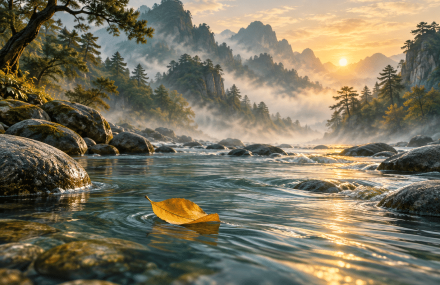 A golden leaf floating along a calm river between misty mountains