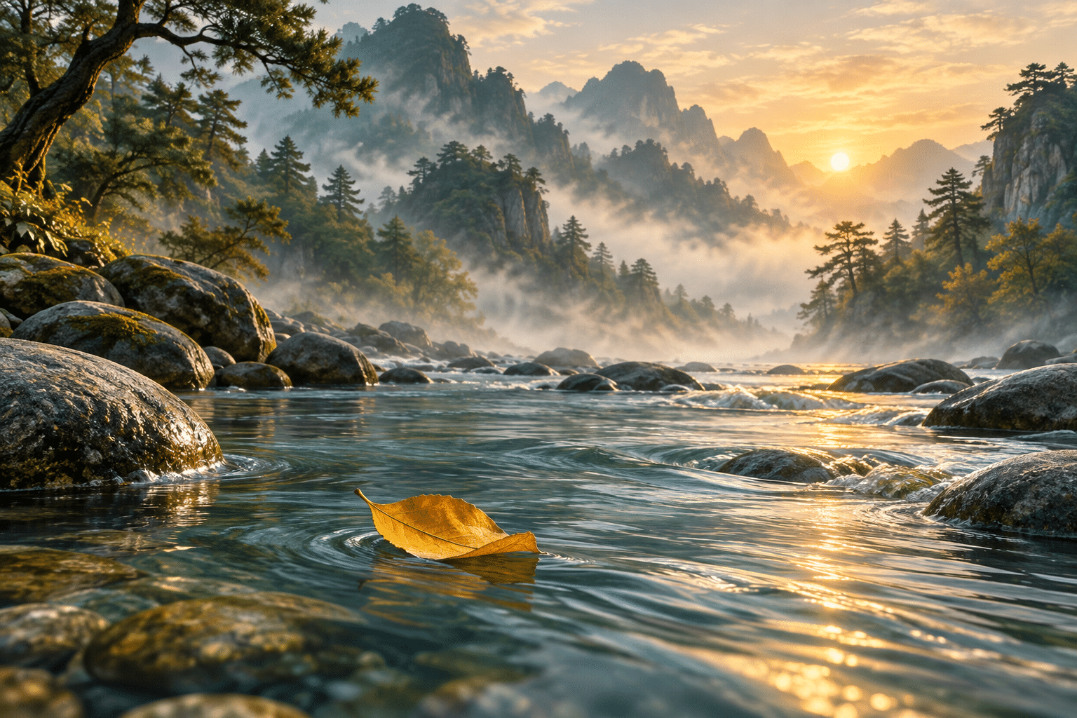 A golden leaf floating along a calm river between misty mountains