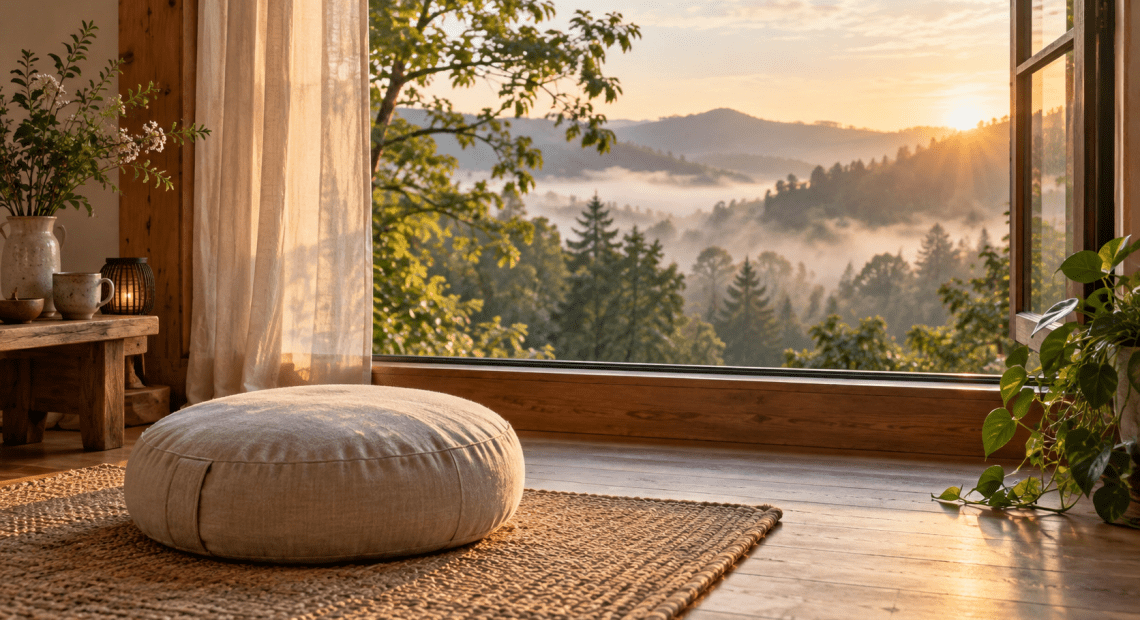 Meditation cushion by a sunlit window overlooking a quiet forest