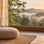 Meditation cushion by a sunlit window overlooking a quiet forest