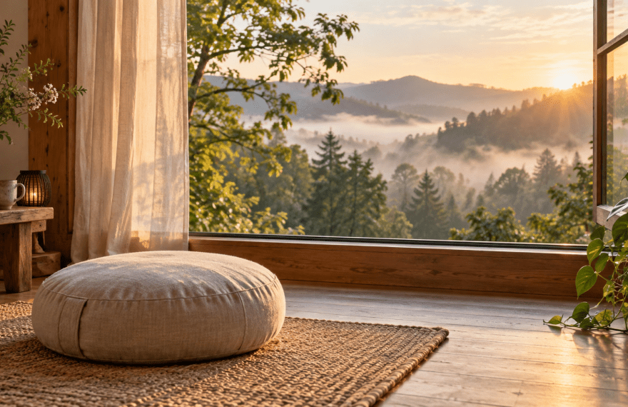 Meditation cushion by a sunlit window overlooking a quiet forest