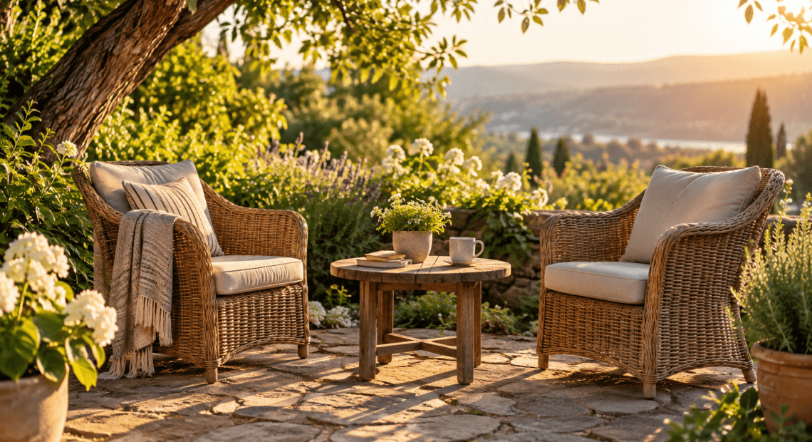 Two inviting chairs in a sunlit garden, symbolizing honest conversation and connection
