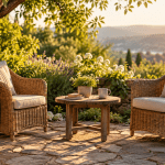 Two inviting chairs in a sunlit garden, symbolizing honest conversation and connection