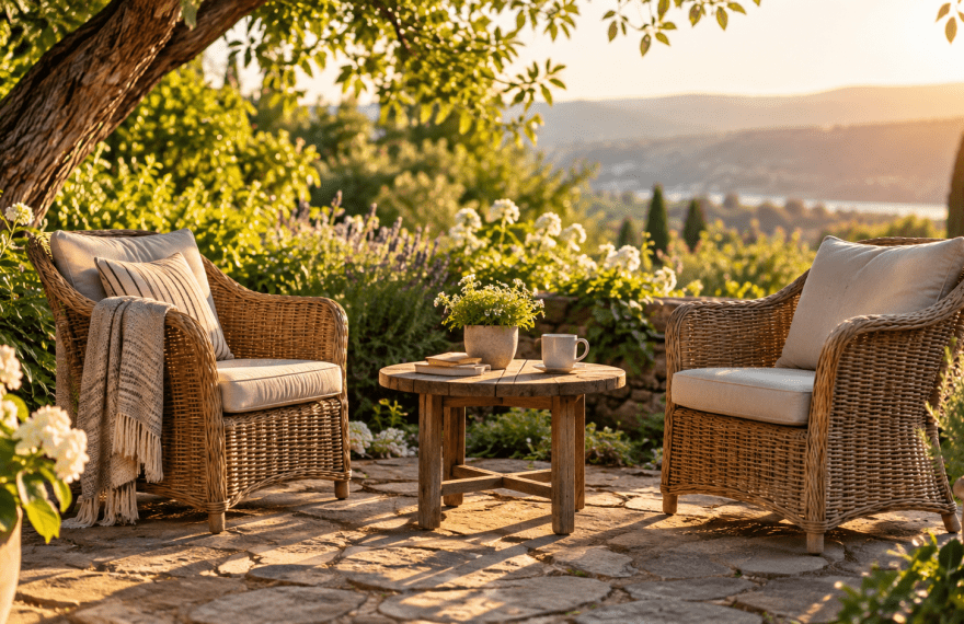 Two inviting chairs in a sunlit garden, symbolizing honest conversation and connection