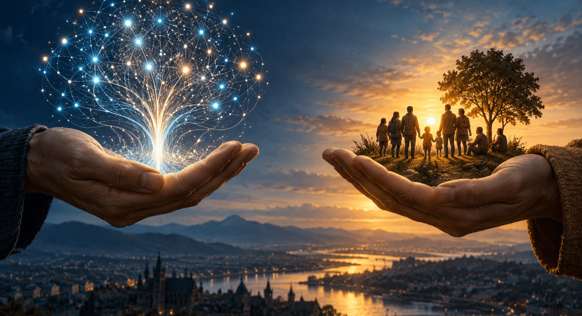 Illustration of a human choice between a branching AI network and a community of people