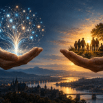 Illustration of a human choice between a branching AI network and a community of people
