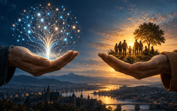 Illustration of a human choice between a branching AI network and a community of people