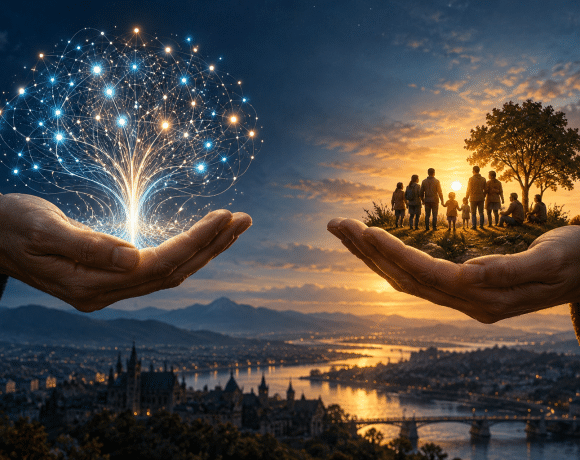 Illustration of a human choice between a branching AI network and a community of people