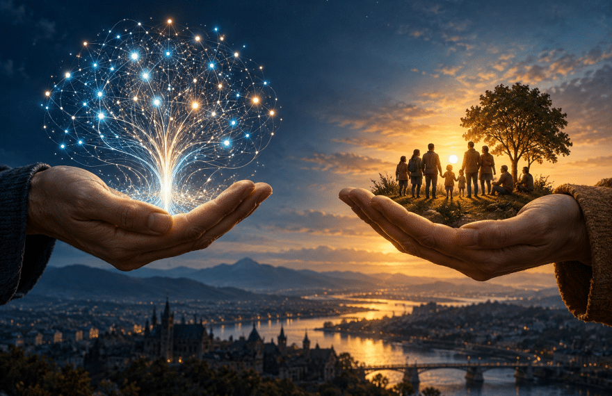 Illustration of a human choice between a branching AI network and a community of people