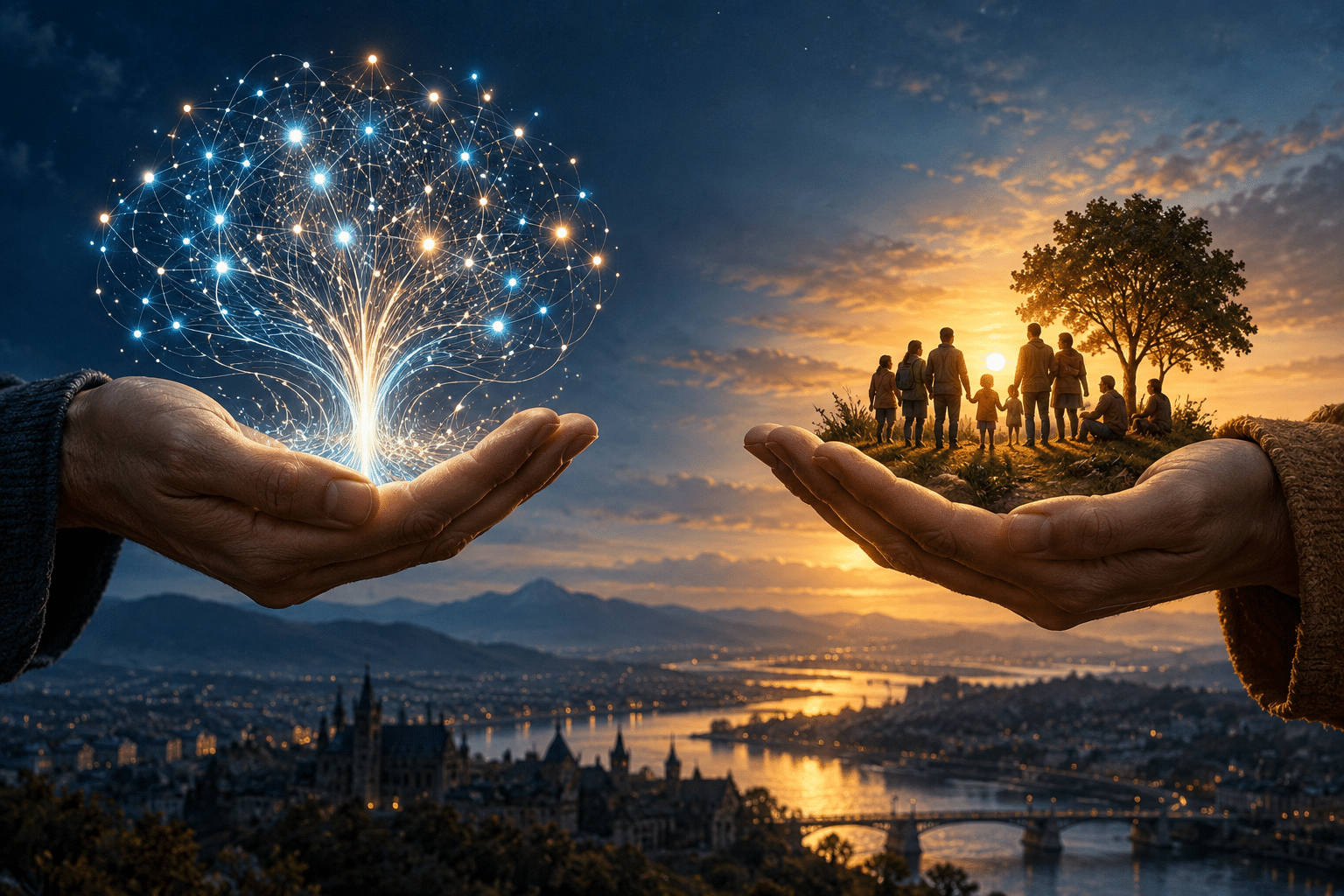 Illustration of a choice between a branching AI network and a human community