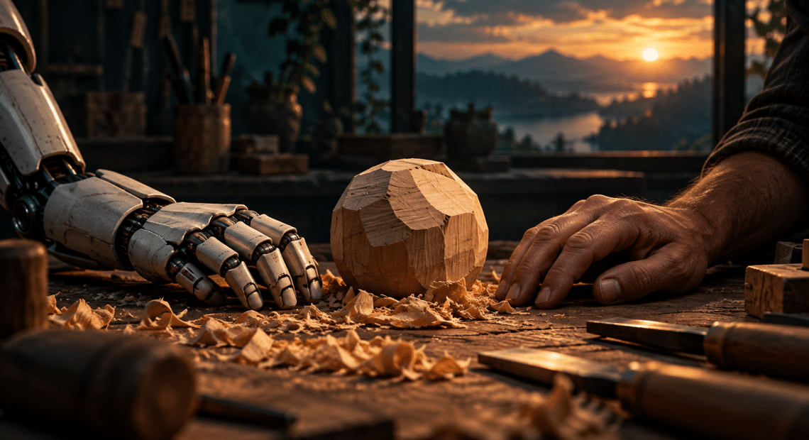 Conceptual human and robot hands beside an unfinished wooden object on a workbench