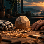 Conceptual human and robot hands beside an unfinished wooden object on a workbench