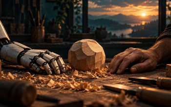 Conceptual human and robot hands beside an unfinished wooden object on a workbench