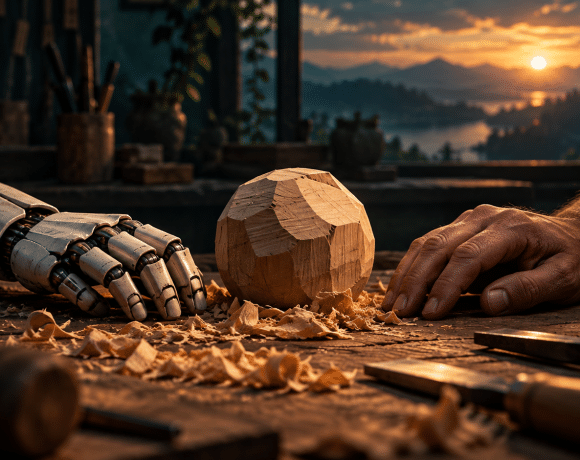 Conceptual human and robot hands beside an unfinished wooden object on a workbench