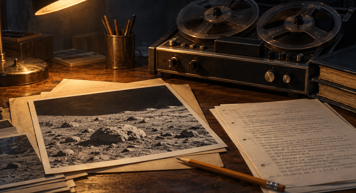 Archival desk with reel tapes, a lunar photograph, and handwritten research notes