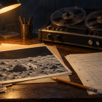 Archival desk with reel tapes, a lunar photograph, and handwritten research notes