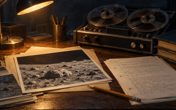 Archival desk with reel tapes, a lunar photograph, and handwritten research notes
