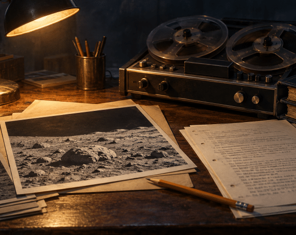 Archival desk with reel tapes, a lunar photograph, and handwritten research notes