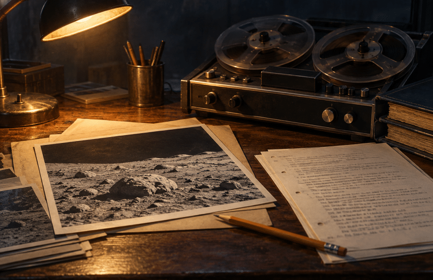 Archival desk with reel tapes, a lunar photograph, and handwritten research notes