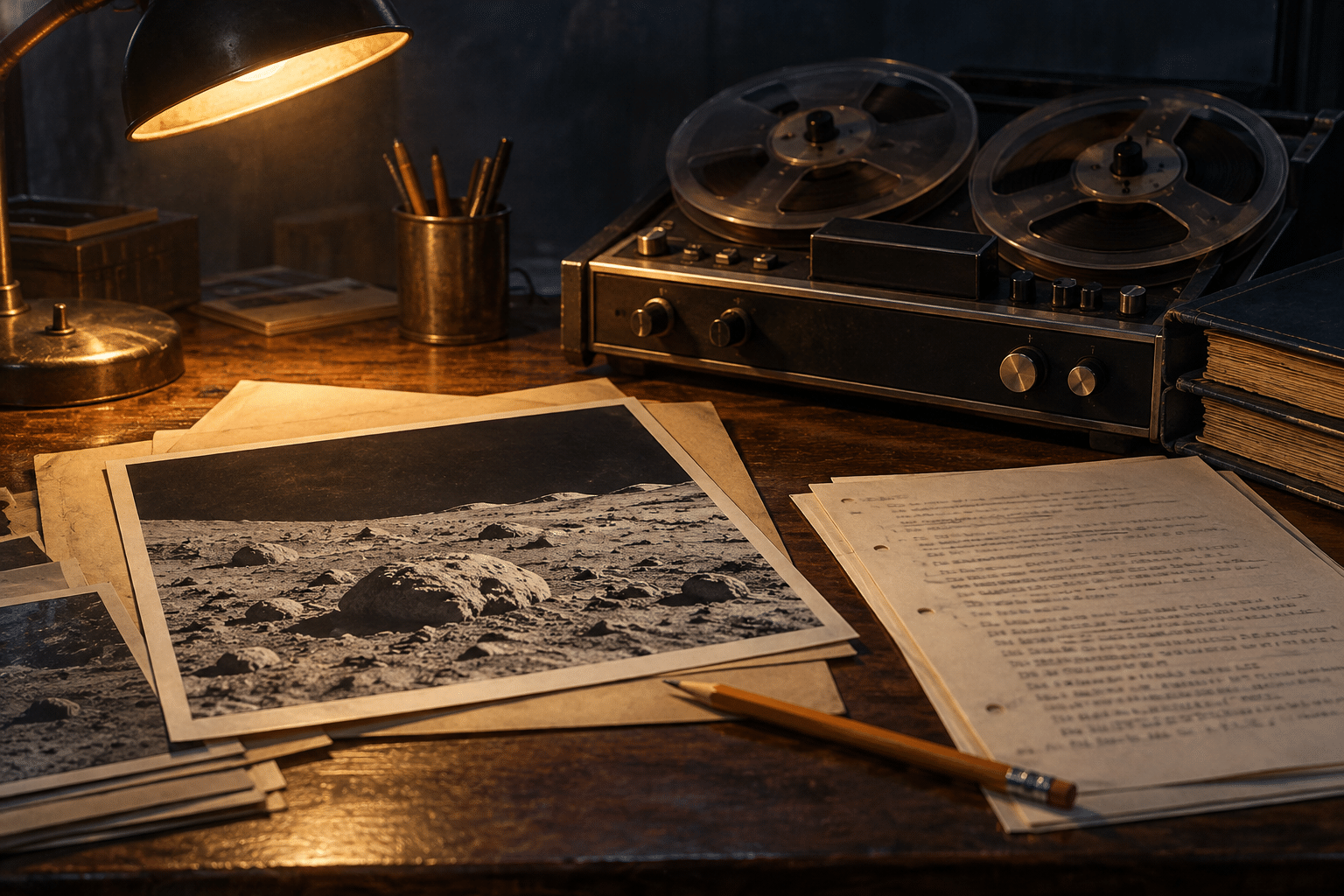 Archival desk with reel tapes, a lunar photograph, and handwritten research notes