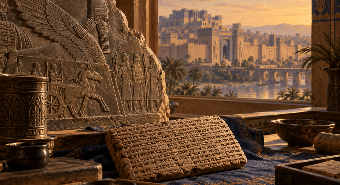 Clay tablet and carved Assyrian relief overlooking an imagined ancient city