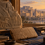 Clay tablet and carved Assyrian relief overlooking an imagined ancient city