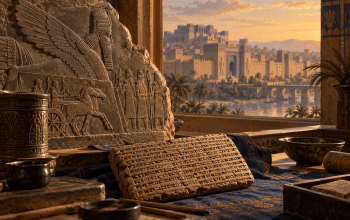Clay tablet and carved Assyrian relief overlooking an imagined ancient city