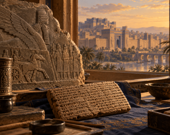 Clay tablet and carved Assyrian relief overlooking an imagined ancient city