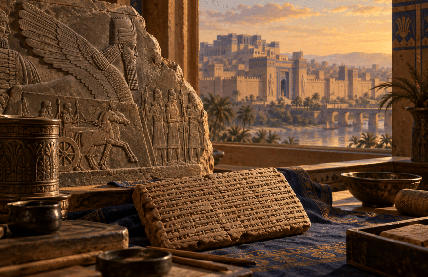 Clay tablet and carved Assyrian relief overlooking an imagined ancient city