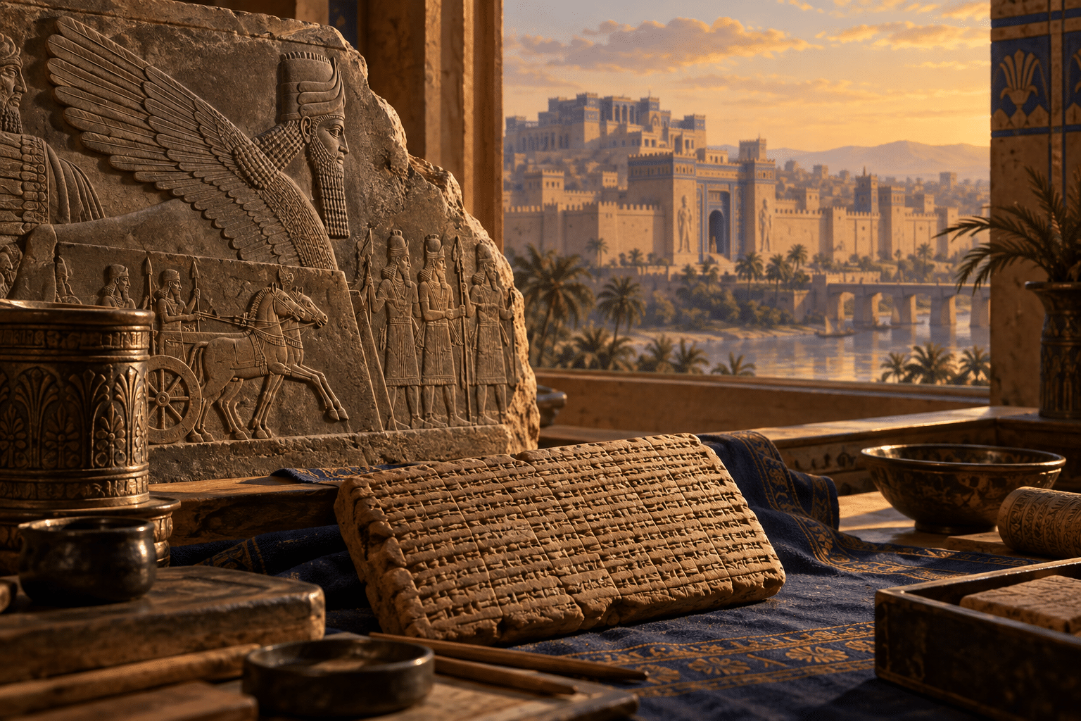 Clay tablet and carved Assyrian relief overlooking an imagined ancient city