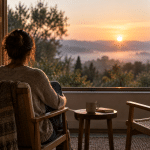 Person seated beside an open window at sunrise, looking quietly toward trees