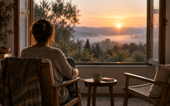 Person seated beside an open window at sunrise, looking quietly toward trees