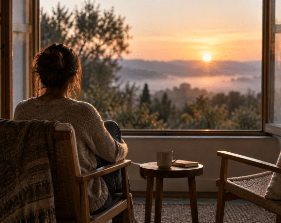 Person seated beside an open window at sunrise, looking quietly toward trees