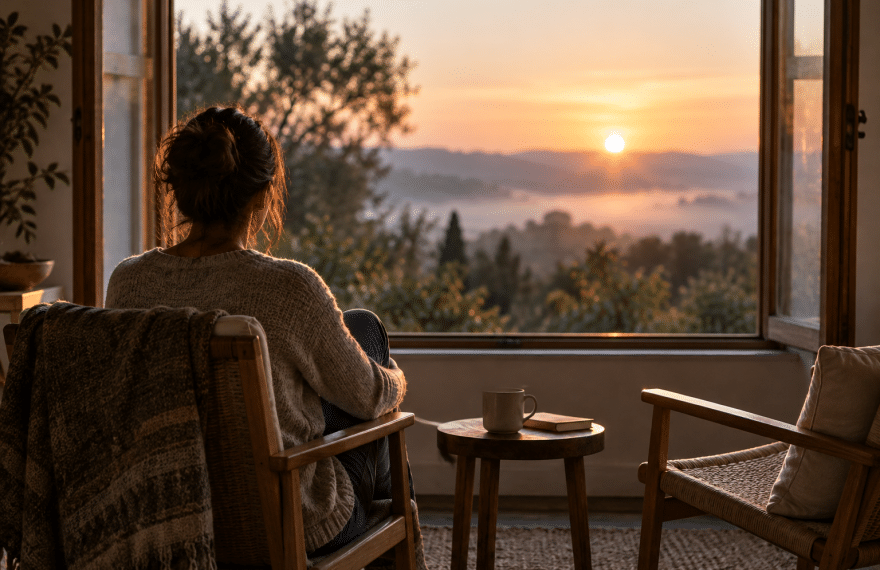 Person seated beside an open window at sunrise, looking quietly toward trees