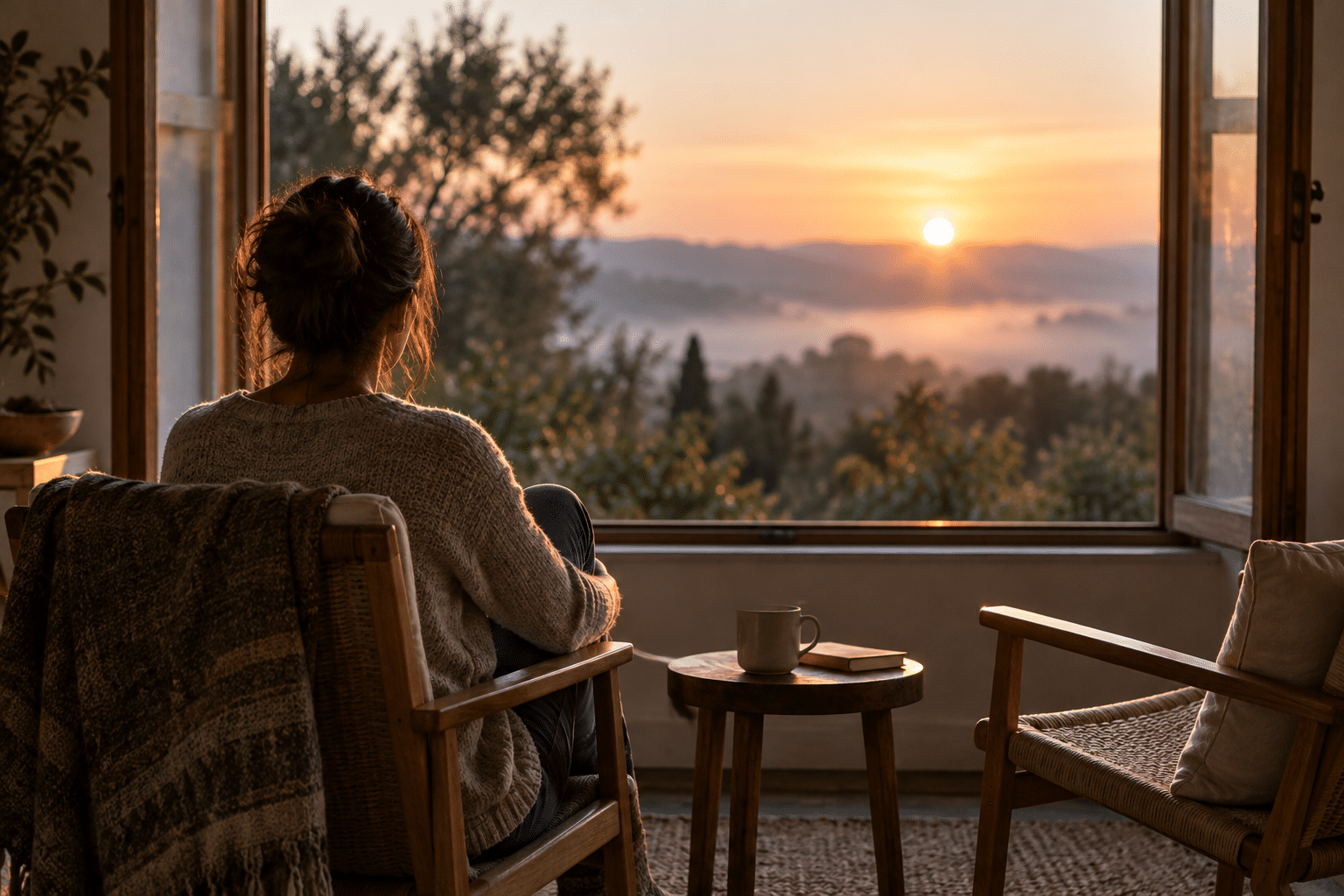 Person seated beside an open window at sunrise, looking quietly toward trees