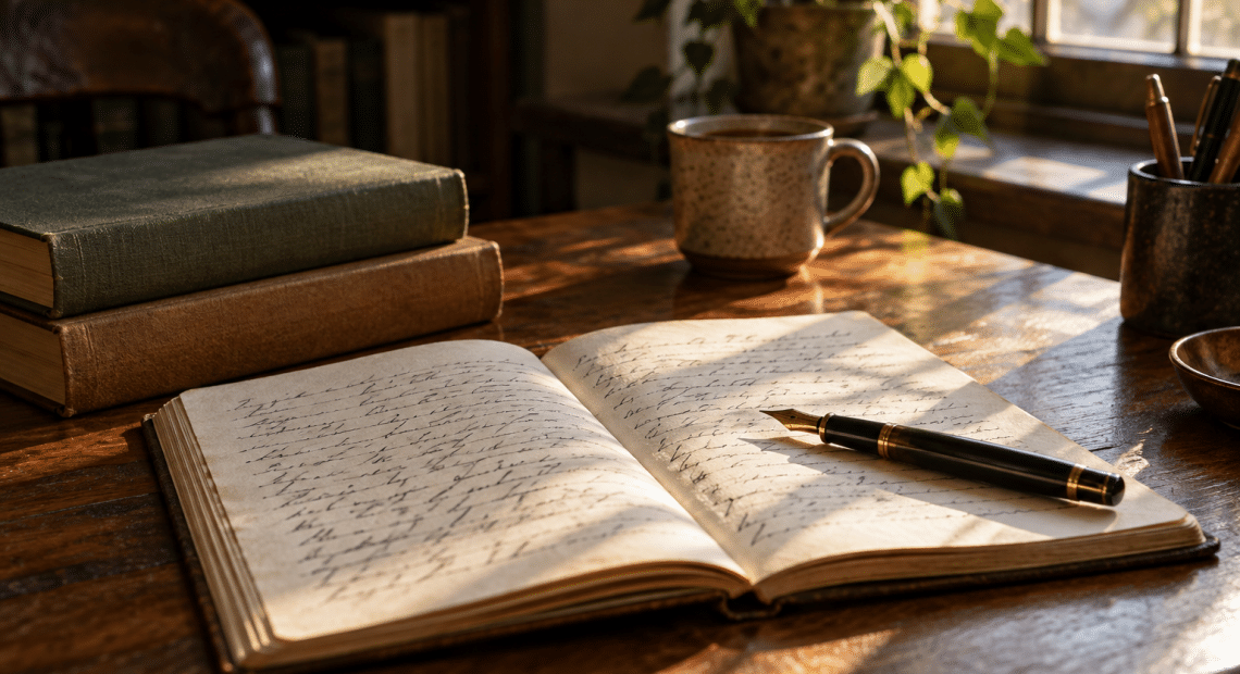 Open notebook, fountain pen and books on a sunlit wooden writing desk