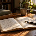 Open notebook, fountain pen and books on a sunlit wooden writing desk